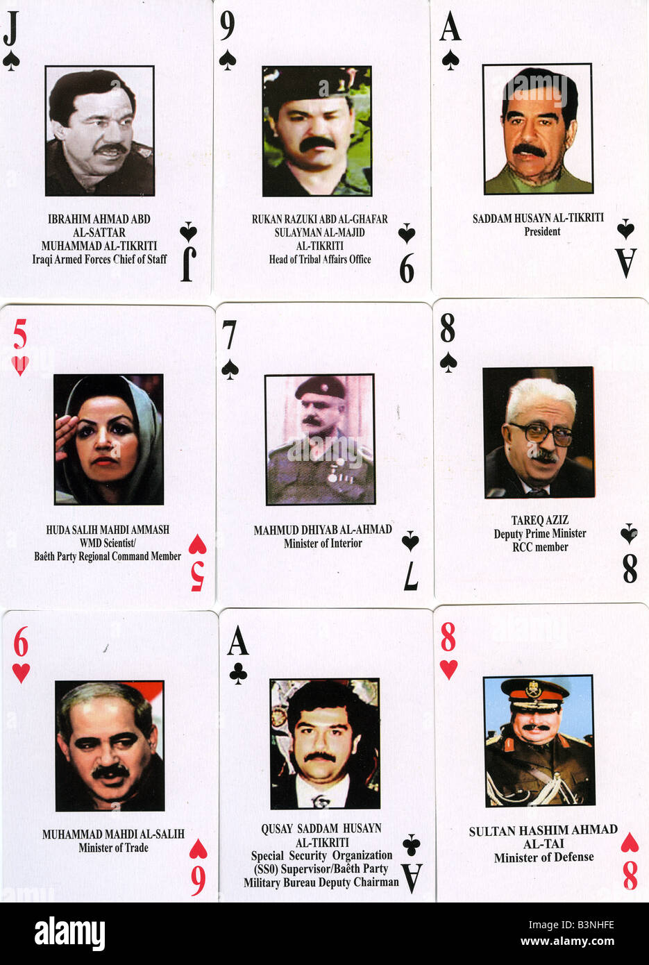 Jeu de cartes SADDAM HUSSEIN montrant Saddam et son personnel plus recherchés émis par nous-les forces de la Coalition en 1991, au cours de l'Iraq Wa Banque D'Images