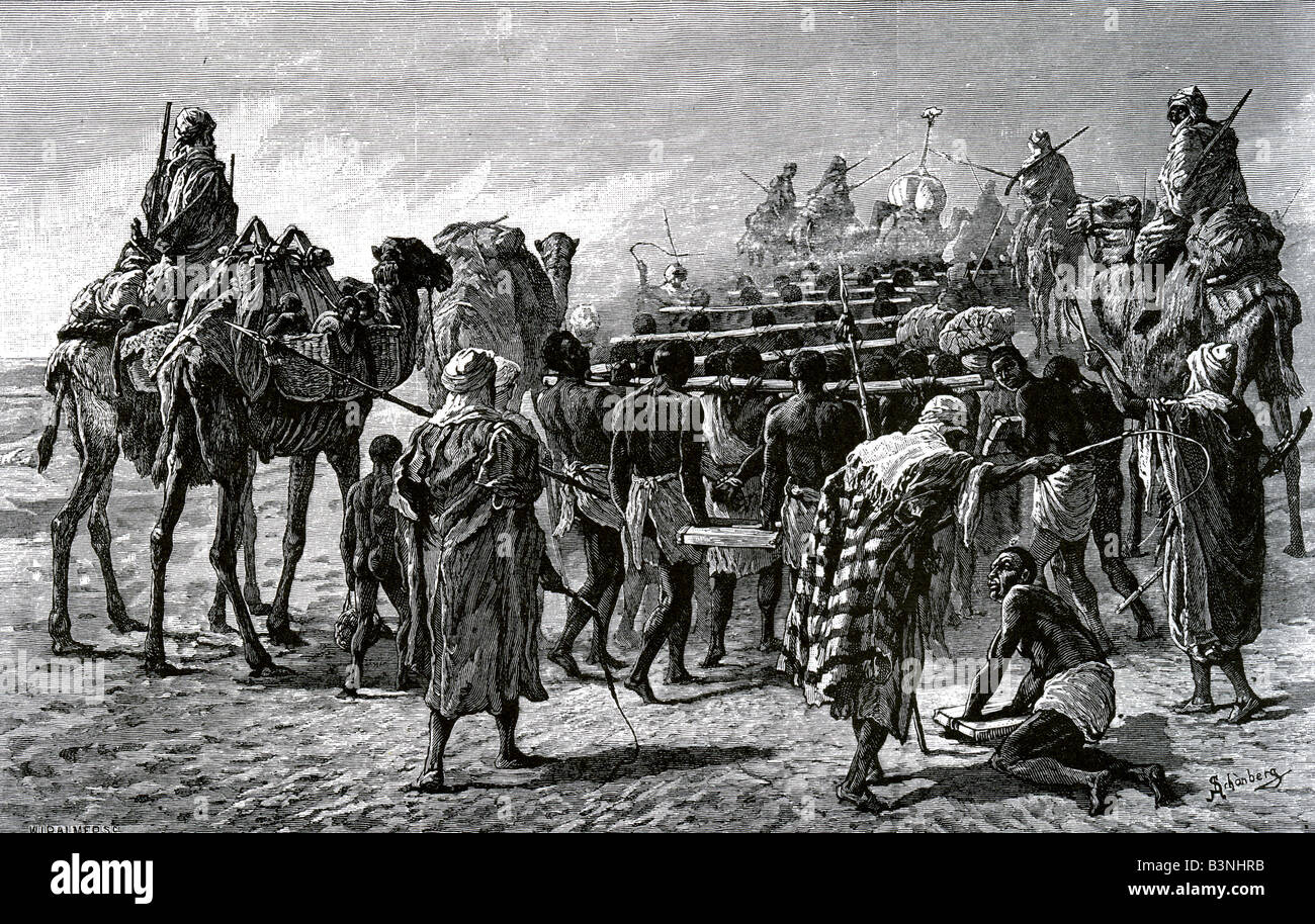 L'ESCLAVAGE esclave arabe caravane en direction de la côte ouest de l'Afrique à partir d'une gravure du 19e siècle français Banque D'Images