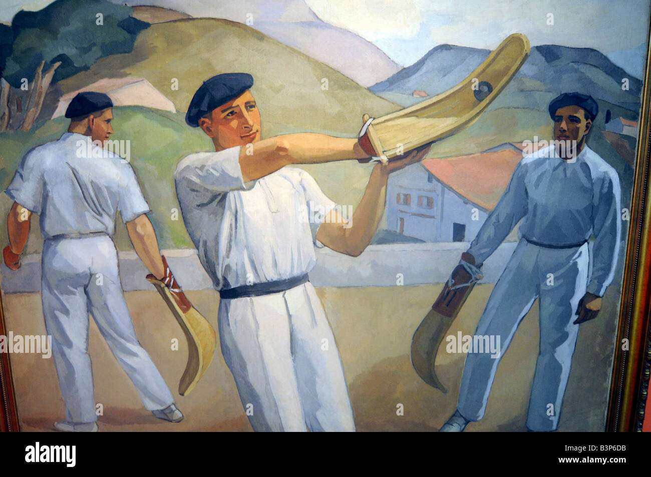 Peinture à l'intérieur le Musée Basque montrant un jeu de "pelote basque", un sport local très populaire. Banque D'Images