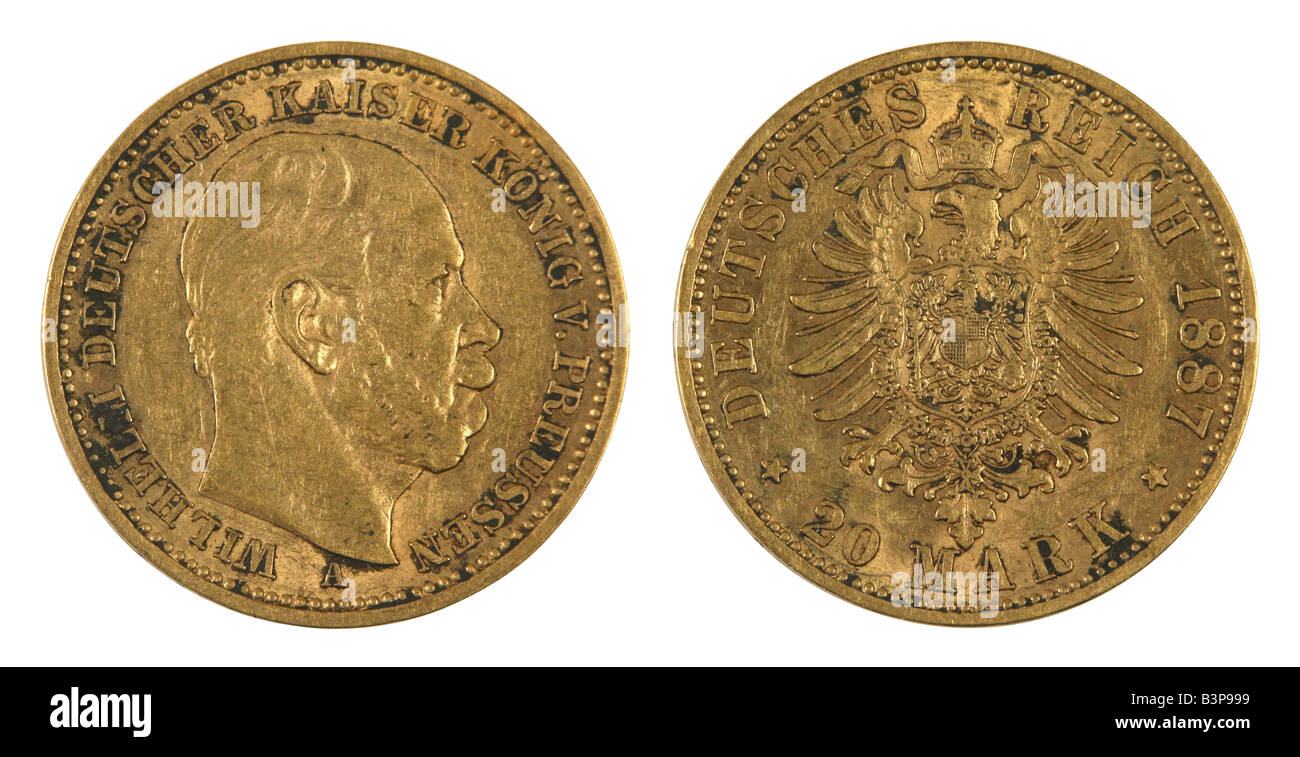 1887 '20' Allemand marque pièce d'or avec portrait de l'Empereur Guillaume. Banque D'Images