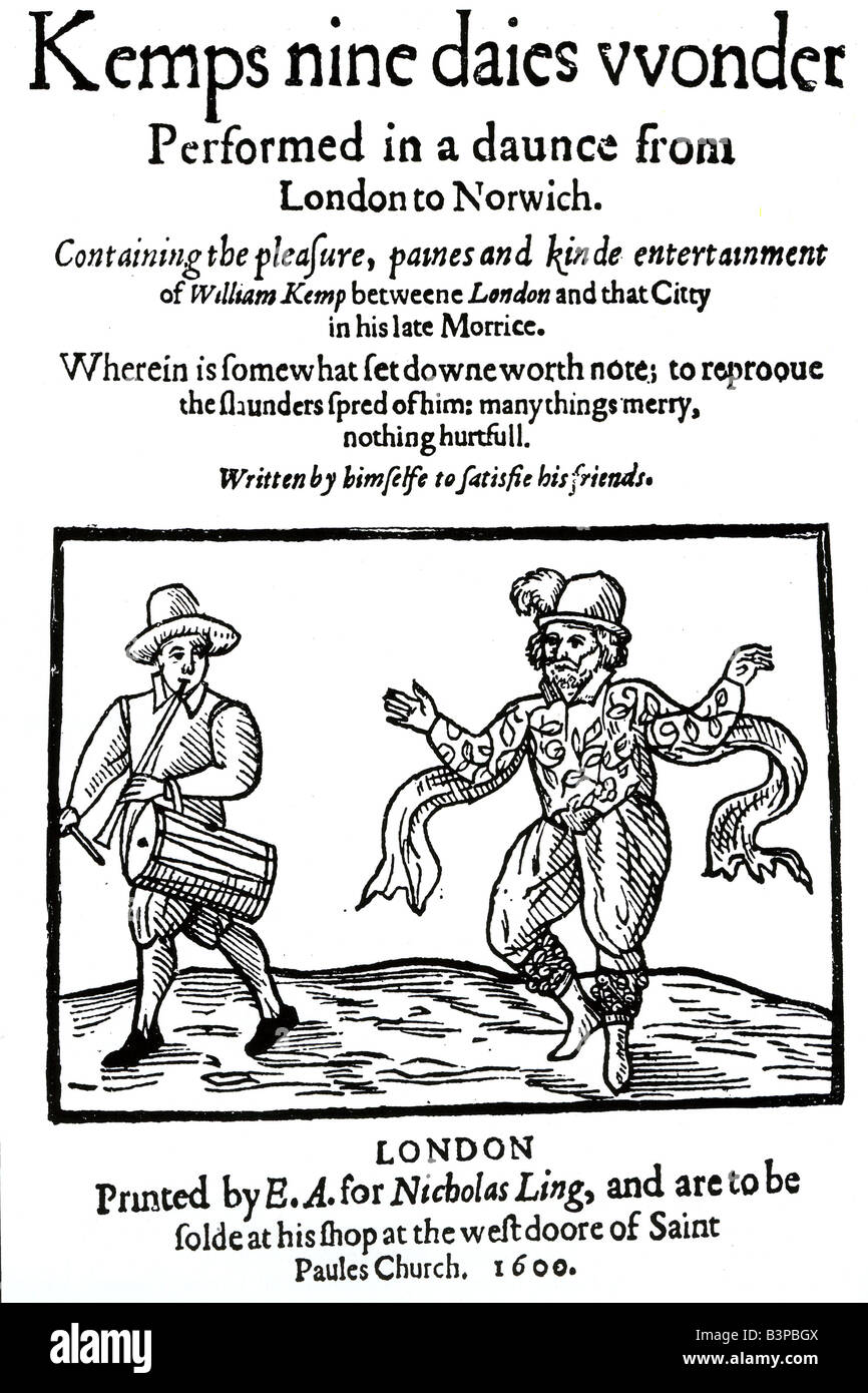 Neuf jours de KEMP ME DEMANDE page titre de William Kemp's compte de Morris dancing de Londres à Norwich en 1600, il est à droite Banque D'Images