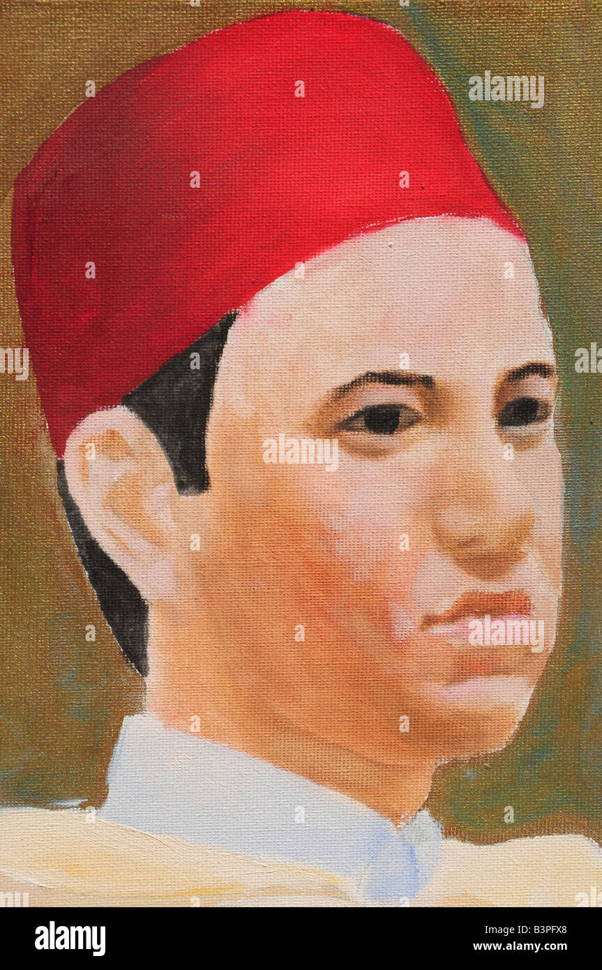 Peinture à l'huile du roi du Maroc Mohammed VI dans un café, Marrekesh, Maroc, Afrique Banque D'Images