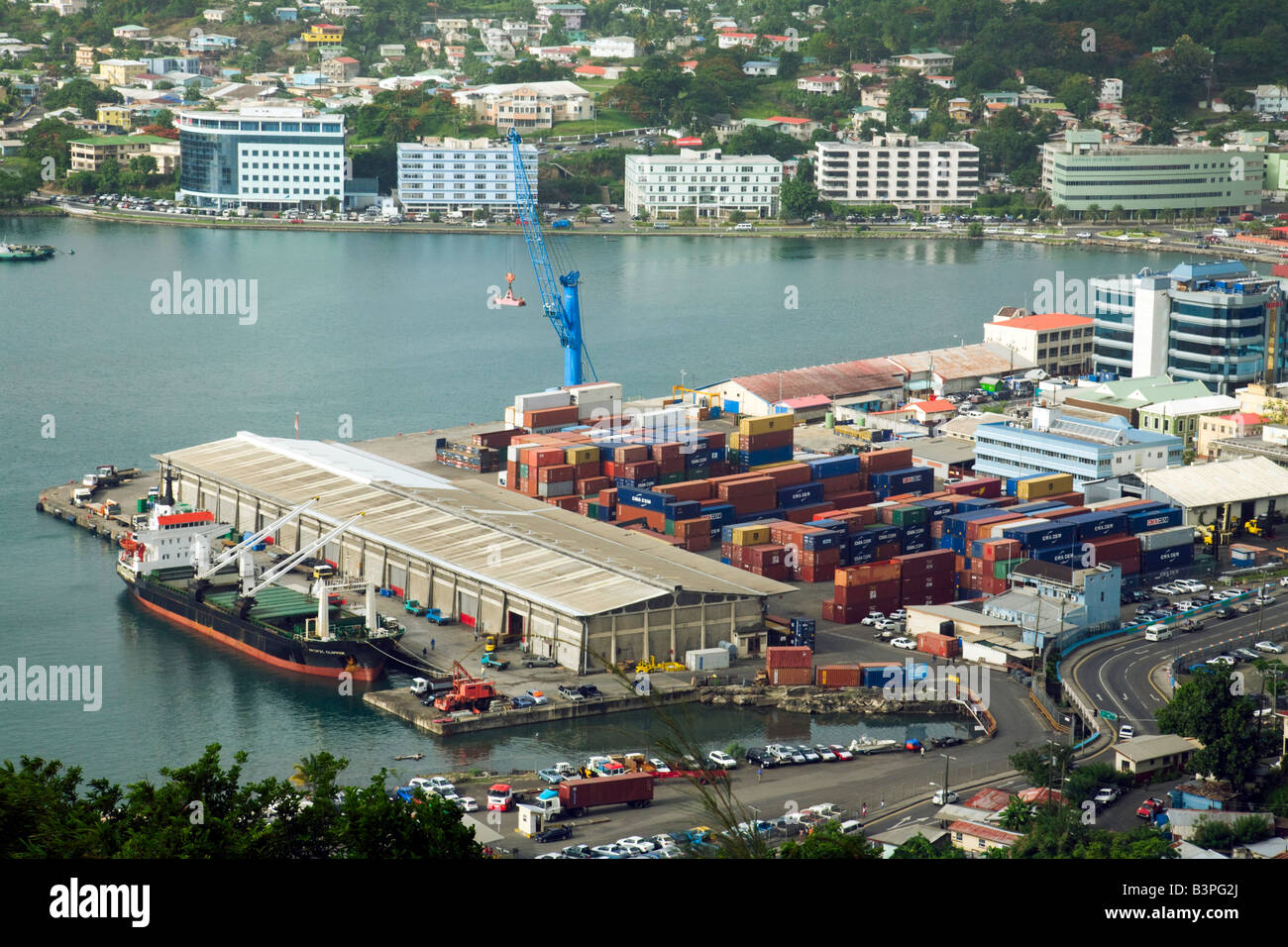 Un cargo déchargement, Castries, Sainte-Lucie, quais 'Antilles' Banque D'Images