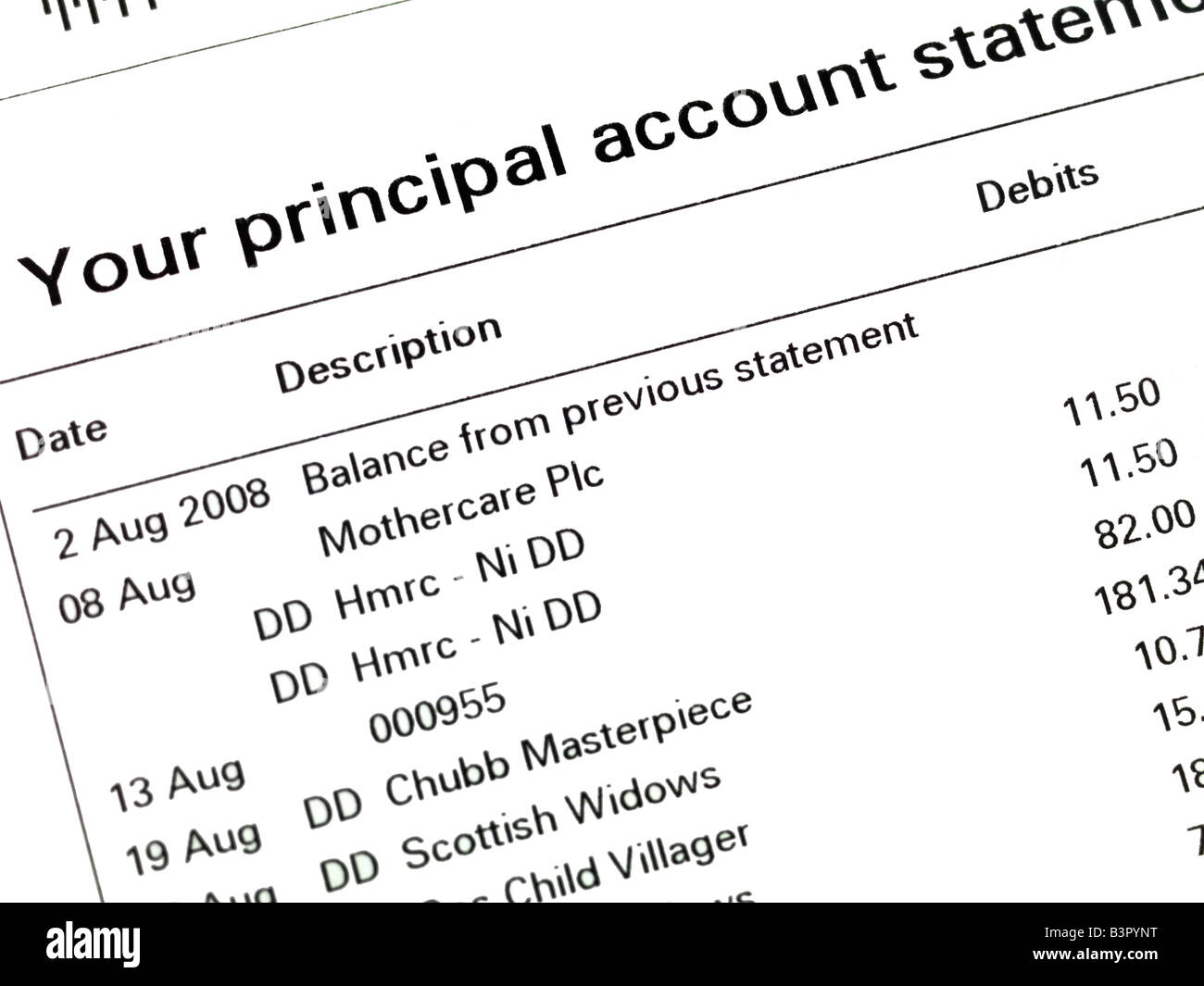 L'entrée de débit direct sur un relevé bancaire Banque D'Images