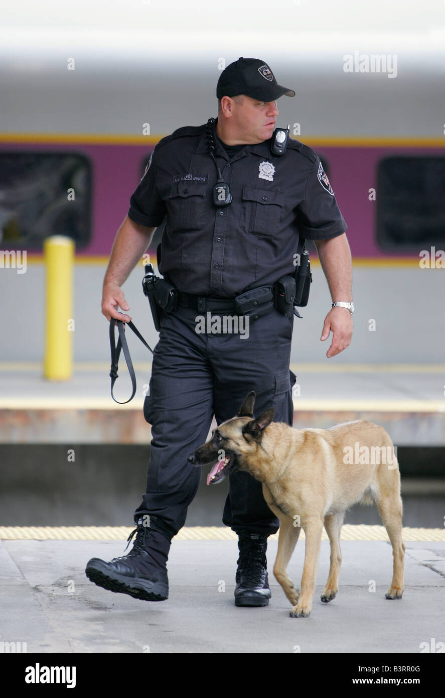 Agent de police de transit et à la bombe chien renifleur, Gare du Midi, Boston, Massachusetts Banque D'Images