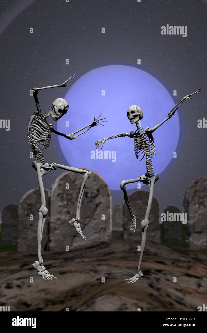 La danse des squelettes dans un cimetière. Banque D'Images