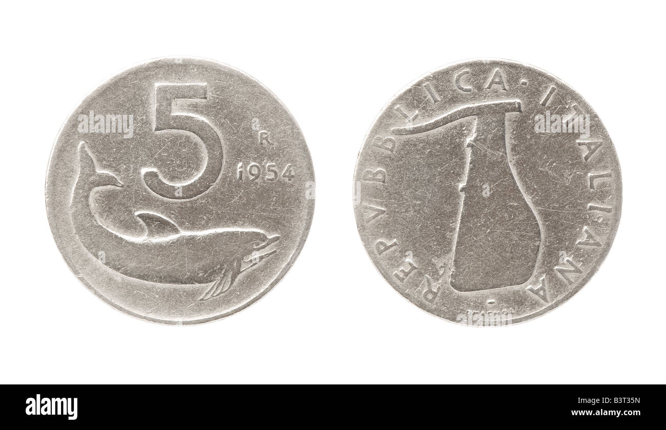 Pièce de 5 Lire italienne (1954) Banque D'Images