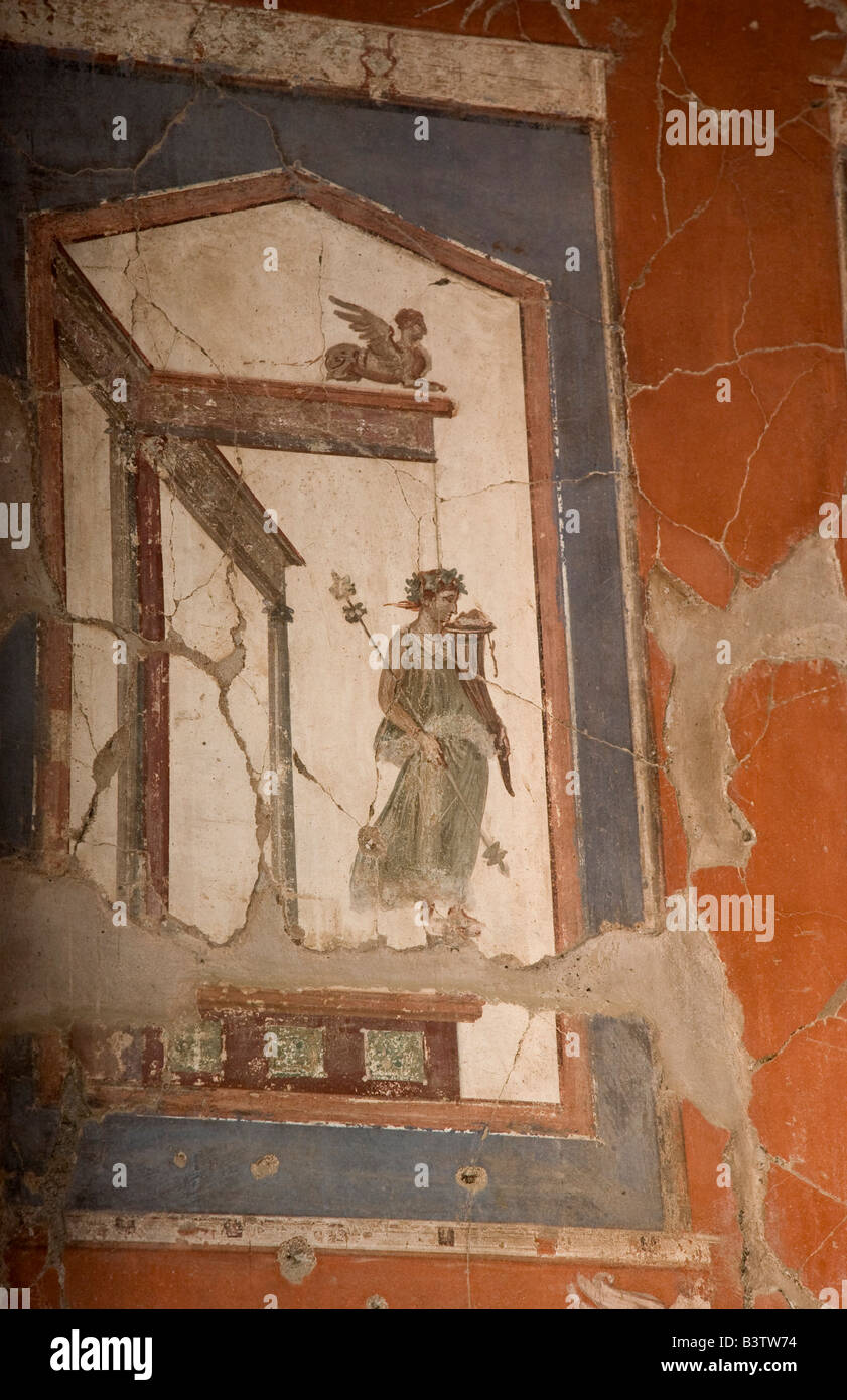 L'Europe, Italie, Campanie, Herculanum. Détails fresque sur mur de ruines excavées. Banque D'Images