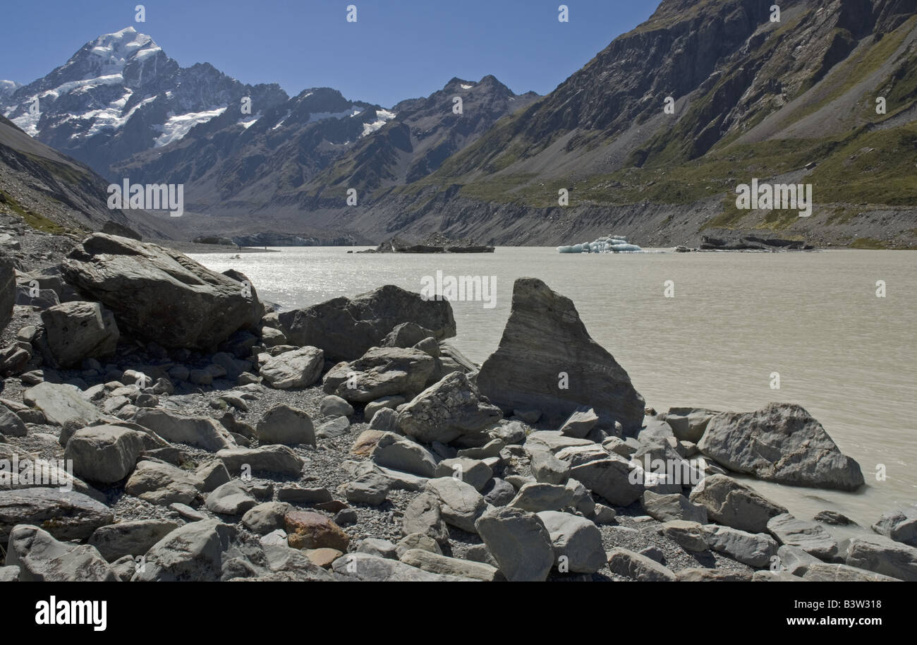 Le talonneur River Lac glacier, Mt Cook National Park, New Zealand Banque D'Images