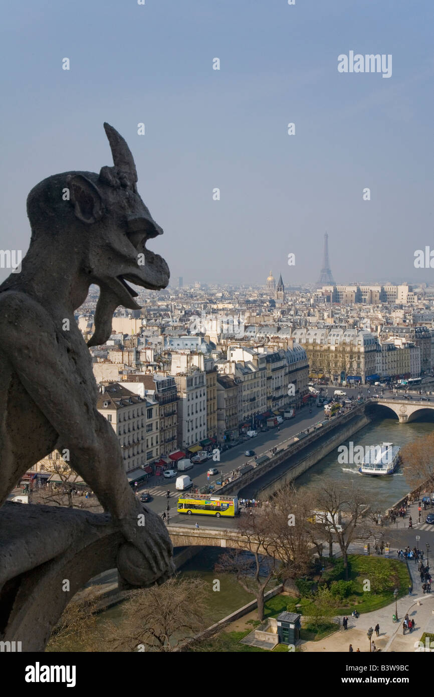 Vue sur Paris depuis la galerie des chimères gargouilles de la cathédrale Notre-Dame et de la Seine au soleil du printemps France Europe Banque D'Images