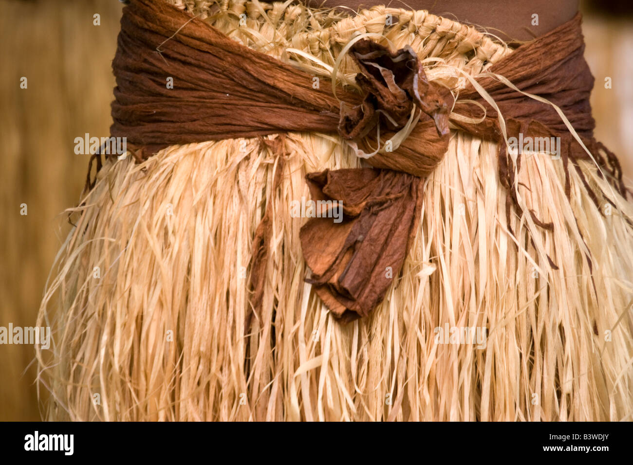 Océanie, Fidji, Viti Levu, Viseise. Détail d'une herbe traditionnelle liée avec le tissu de la jupe. Banque D'Images