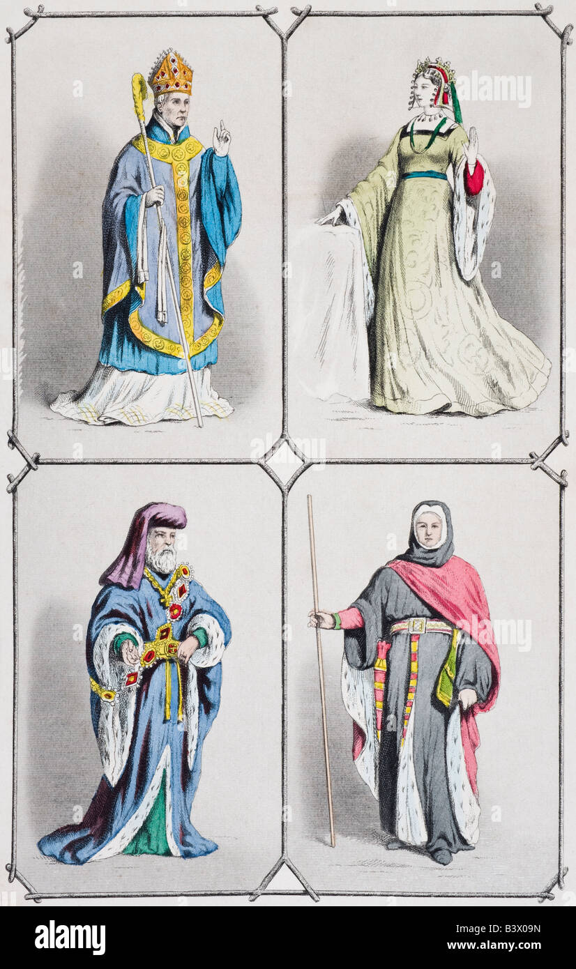 Costumes anglais entre 1392 et 1413. Évêque, comtesse, comte et juge. Banque D'Images