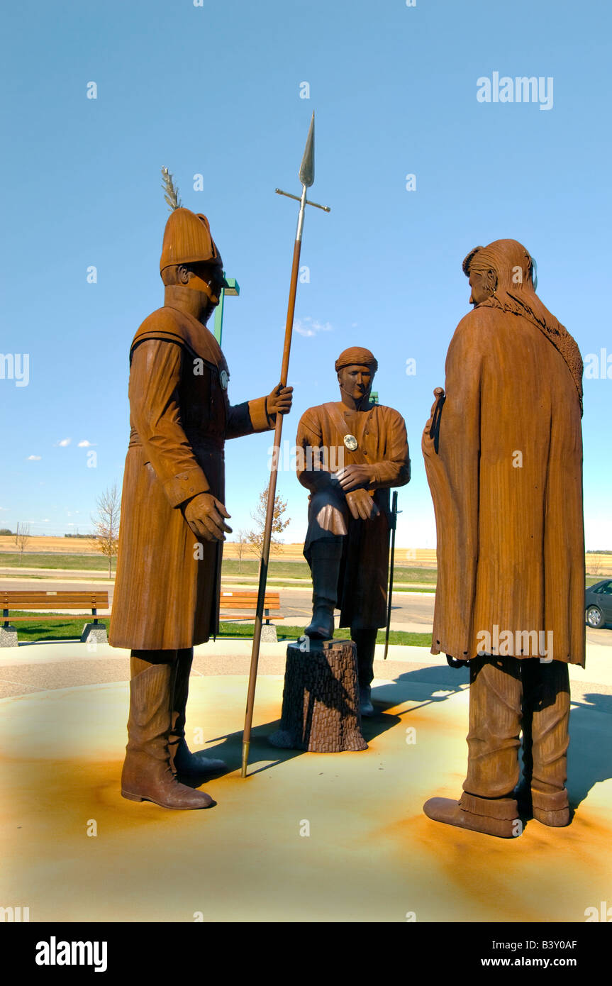 Des statues de Lewis et Clark et chef Sheheke au Lewis and Clark Interpretive Center, près de Fort Mandans, Dakota du Nord Banque D'Images