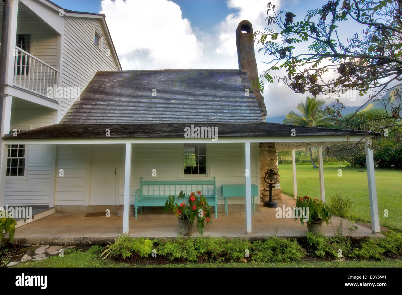 Porche de Waioli Mission House Hawaii Kauai Hanalei Banque D'Images