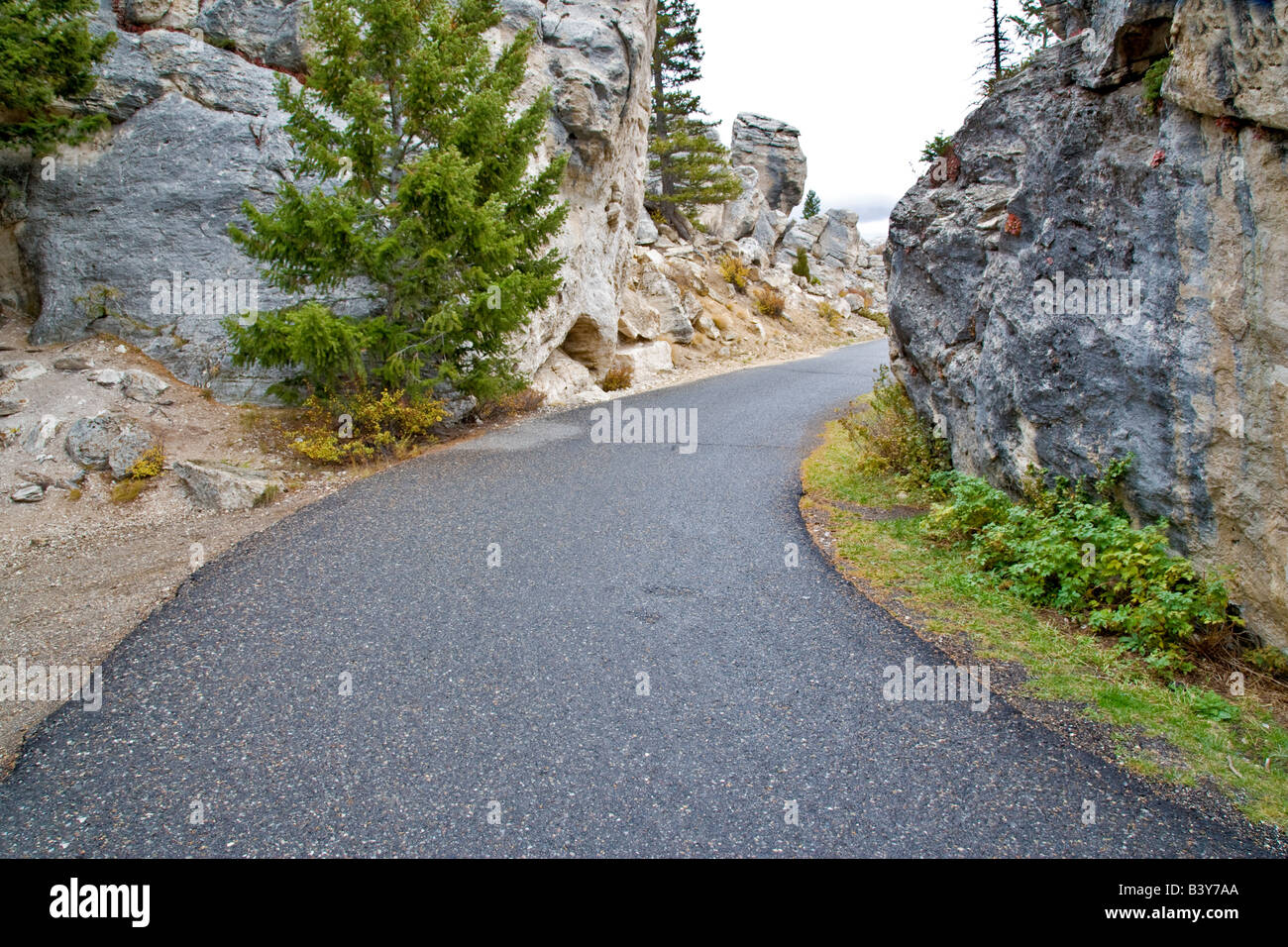 Petite route pavée à l'affleurement rocheux du parc national de Yellowstone, WY Banque D'Images
