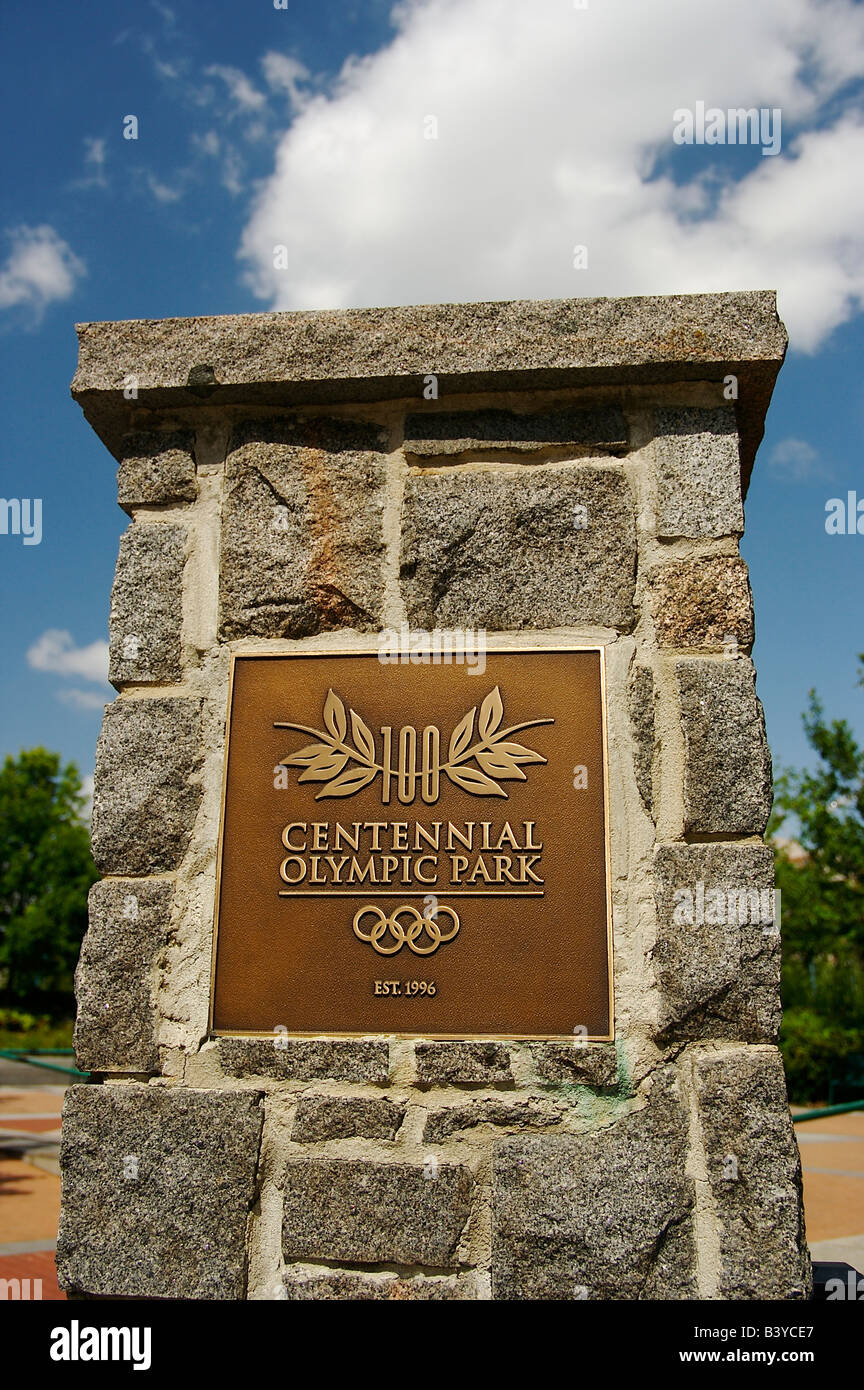 Amérique du Nord, USA, Atlanta, Georgie. Plaque à l'entrée d'Atlanta, Centennial Olympic Park. Banque D'Images