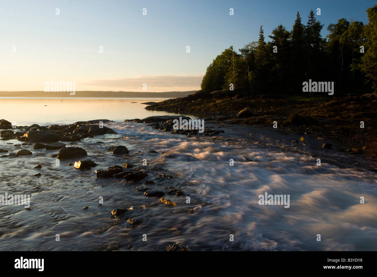 Tôt le matin dans la baie de Blue Hill. Blue Hill Falls, Maine. L'eau s'écoule à partir de Salt Pond dans la baie. Banque D'Images