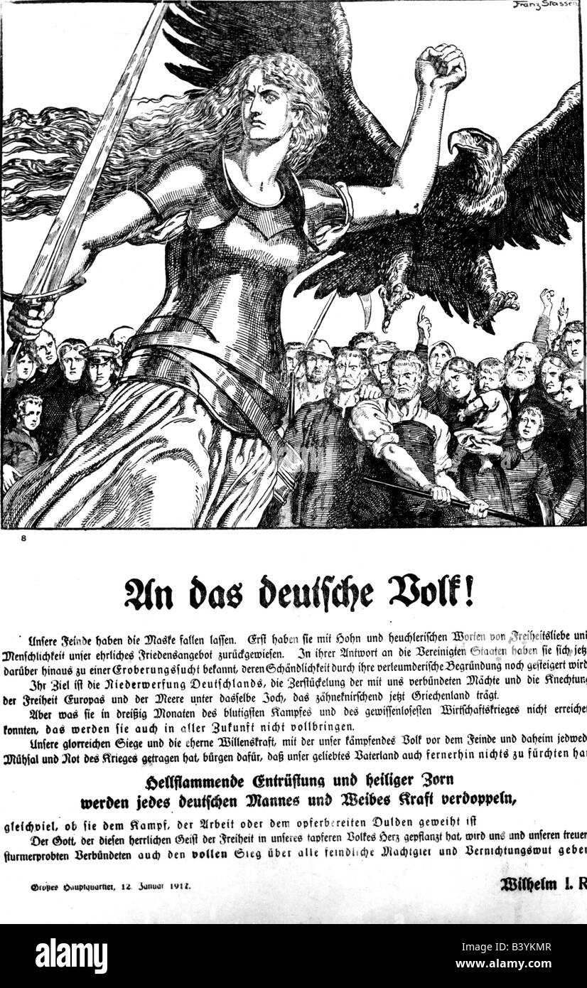 Événements, première Guerre mondiale / première Guerre mondiale, propagande, affiche, appel 'An das deutsche Volk!' (Au peuple allemand!), par l'empereur William II, appel à l'effort de guerre intensifié, Allemagne, 12.1.1917, Banque D'Images