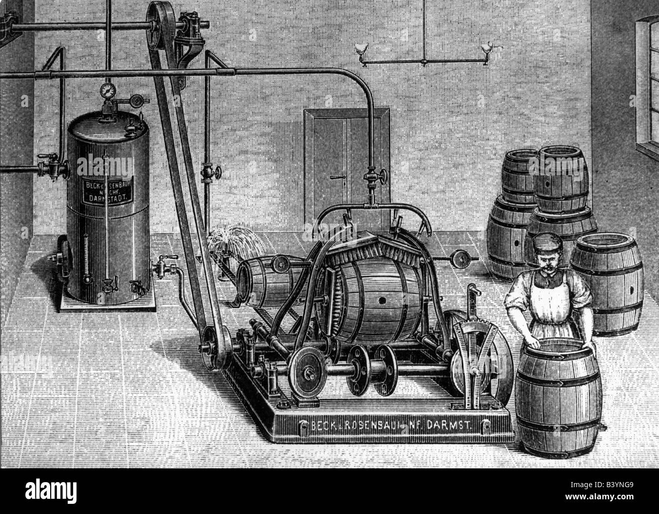 alcool, bière, brasserie, vue intérieure, machine à laver le baril, gravure en bois, vers 1895, Banque D'Images