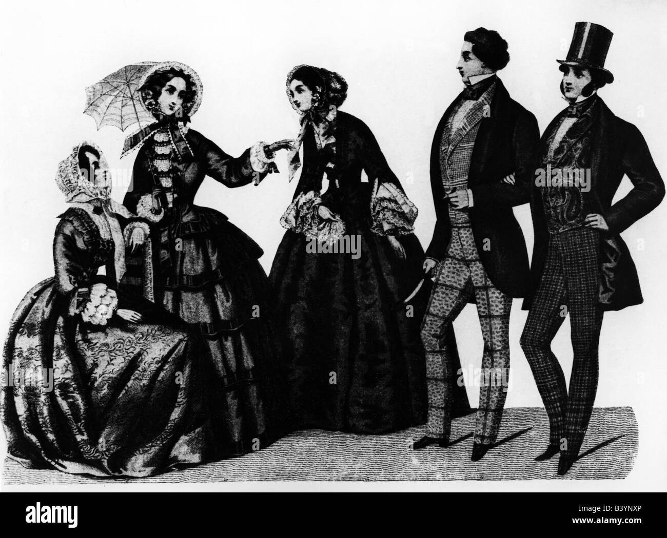 Mode, XIXe siècle, mode pour femmes et hommes, France, gravure en bois, vers 1860, Banque D'Images