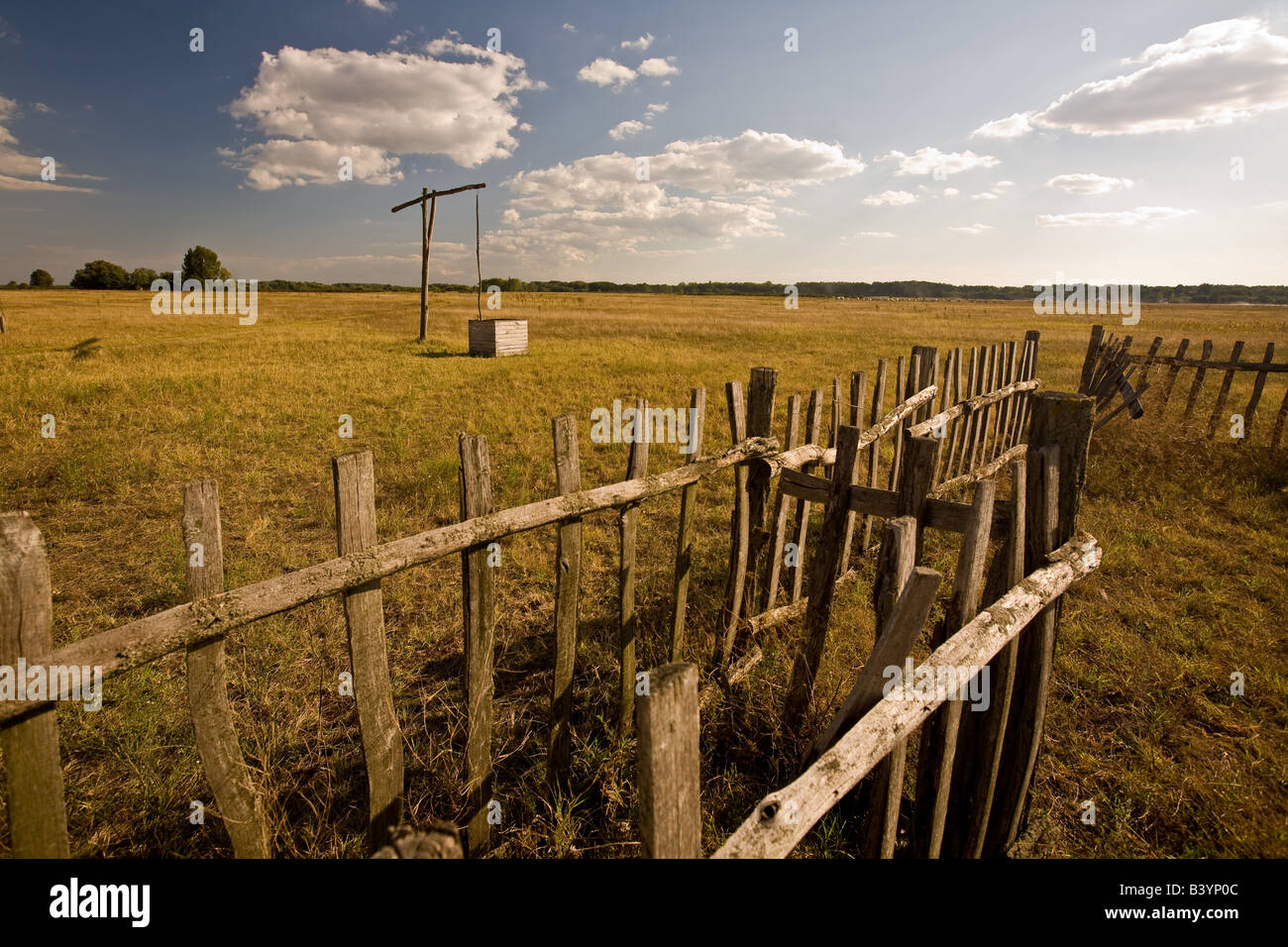 Une porte des brebis et un puits typique dans la Puszta Banque D'Images