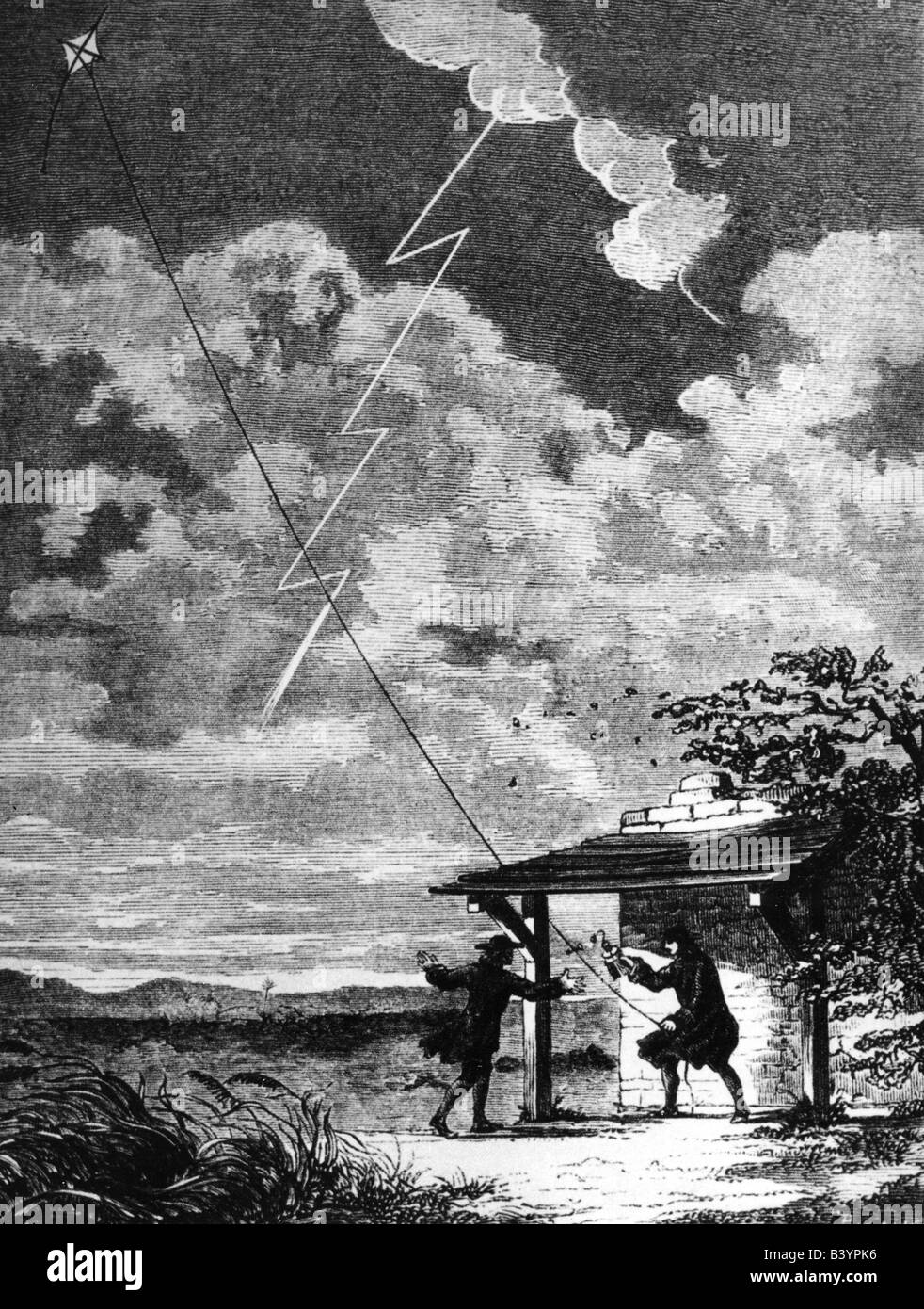 Franklin, Benjamin, 17.1.1706 - 17.4.1790 scientifique et politicien américain, explorant l'électricité atmosphérique avec un cerf-volant, 1749, Banque D'Images