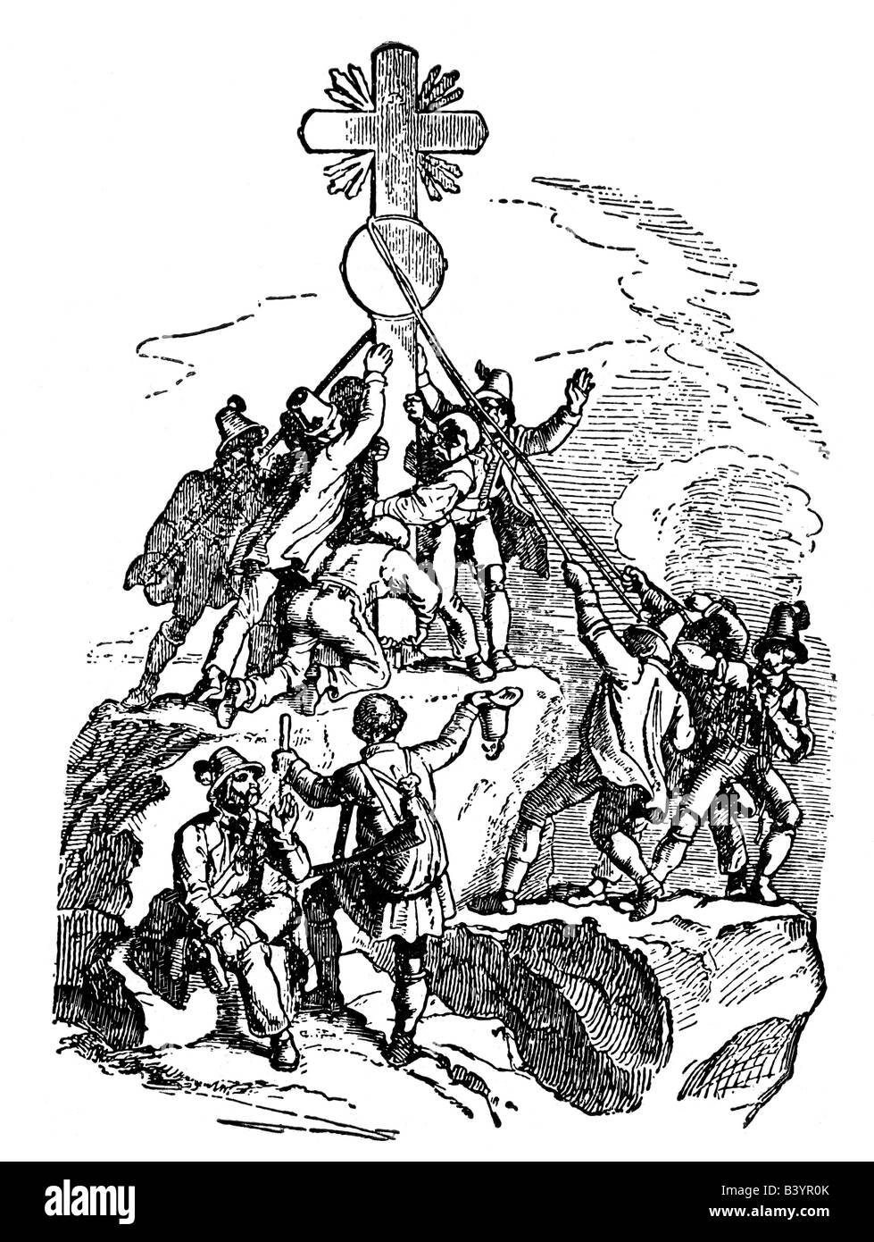 Alpinisme, randonnées en montagne, Zugspitze, errecting une croix sur le sommet ouest, août 1851, Banque D'Images