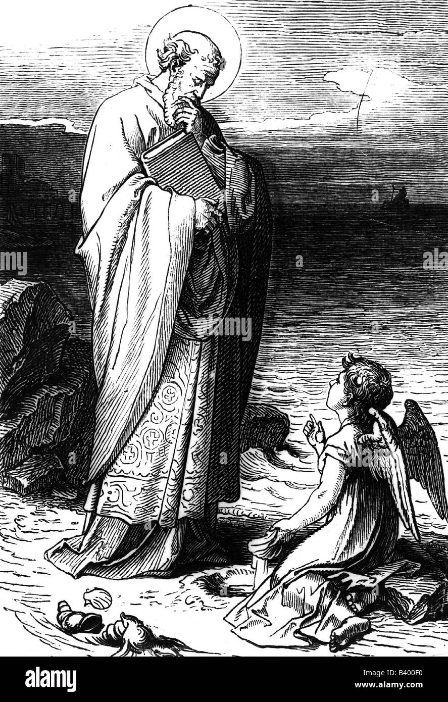 Augustinus de Hippo, Saint, 13.11.354 - 28.8.430, père de l'église, coupe de bois du livre de dévotion allemand, 1875, Banque D'Images