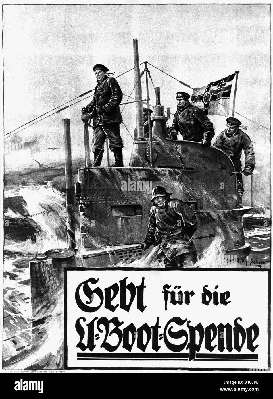 Événements, première Guerre mondiale / première Guerre mondiale, propagande, affiche 'Gebt fuer die U-Boot-Spende' (Donner de l'argent pour le don sous-marin), après une peinture de Willy Stoewer (1864 - 1931), Allemagne, 1917, Banque D'Images