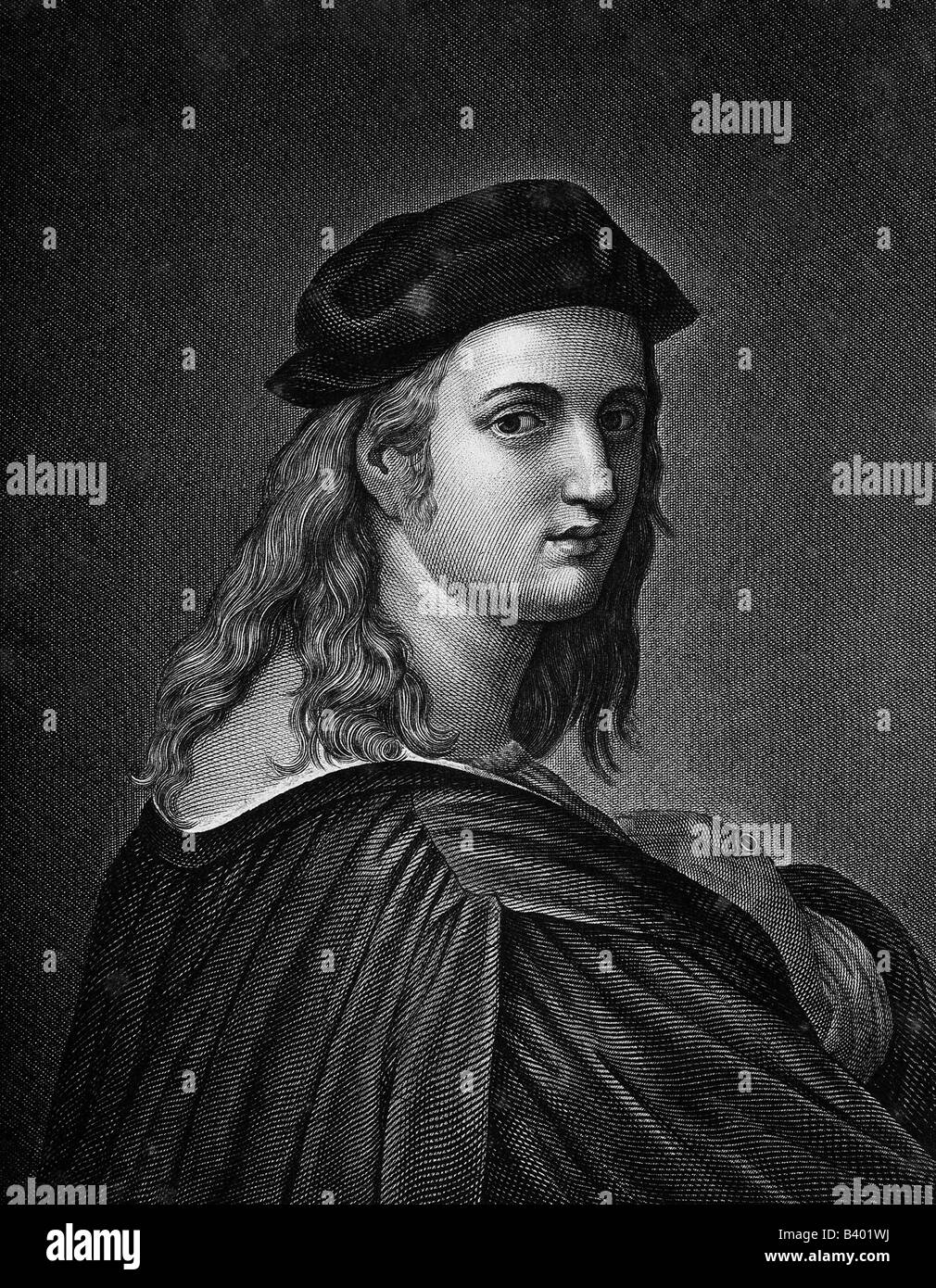 Raphaël Sanzio, 28.3.1483 - 6.4.1520, peintre italien, portrait, gravure sur acier par Ch. Hoffmeister, 19e siècle, l'artiste a le droit d'auteur , de ne pas être effacé Banque D'Images