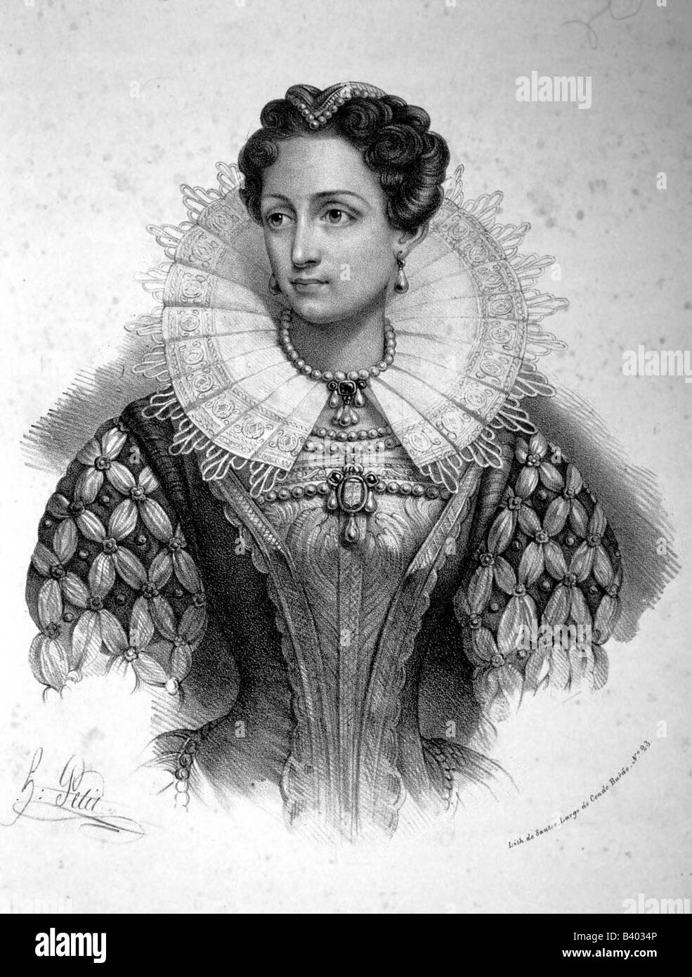 Elizabeth I, 7.9.1533 - 24.3.1603, Reine d'Angleterre depuis 17.11.1558, demi-longueur, lithographie, par Santos Largo do Conde Burao 23, après H. petit, détail, Banque D'Images