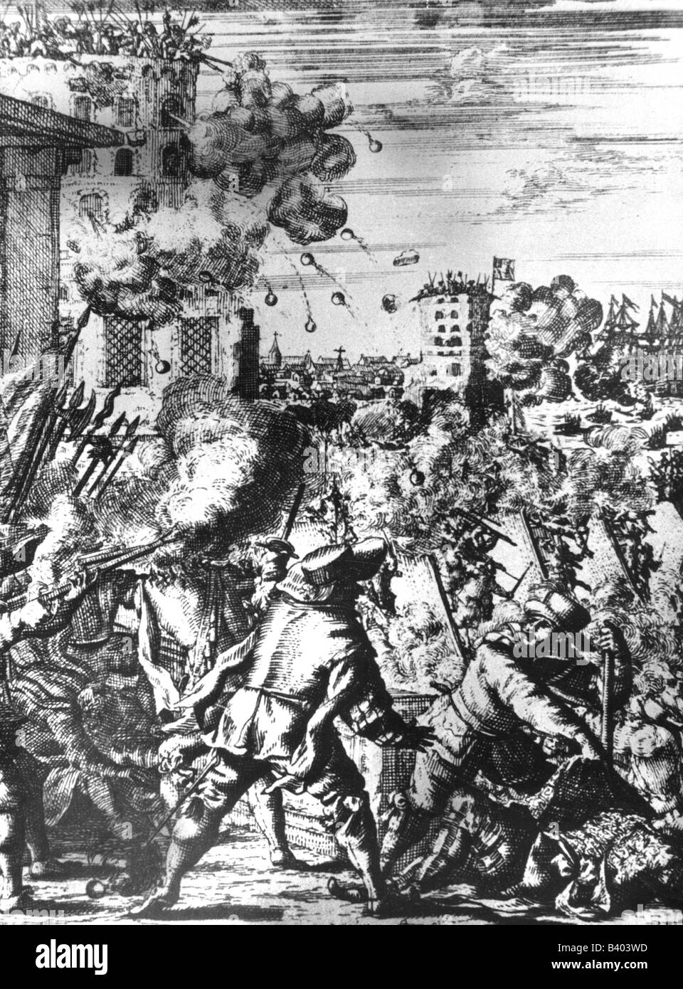 Transport / transport, navigation, pirates, attaque de pirates de Brissamin sous Henry Morgan à Portobello, Panama 1668, approchant avec des échelles, gravure en cuivre, 1678, Amérique centrale, XVIIe siècle, bataille, escalade, échelle, Espagnols, forteresse espagnole, fort, Anglais, feu, combat, canonball, terre, CEAM, historique, pirate, peuple Banque D'Images