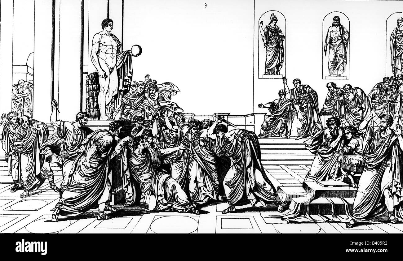 César, Gaius Iulius, 13.7.100 - 15.3.44 av. J.-C., homme politique romain, meurtre au théâtre de Pompey, dessin après peinture de Vincenzo Camuccini (1771 - 1844), , Banque D'Images
