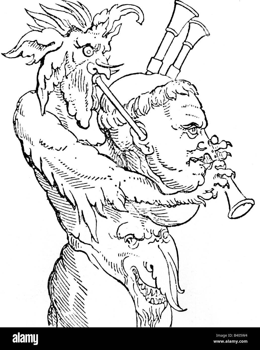 Luther, Martin, 10.11.1483 - 18.2.1546, théologien allemand, réformateur ecclésiastique, caricature, 'des Teufels Dudelsack' (la cornemuse du diable), coupe du bois, 1521, Banque D'Images