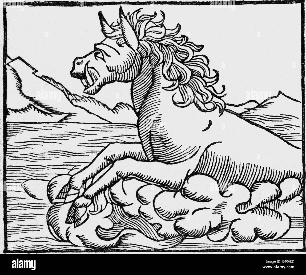 Superstition, créatures mythiques, Hippopotamus, coupe du bois, 'Cosmographia' par Sebastian Muenster, 5ème édition, 1550, , Banque D'Images