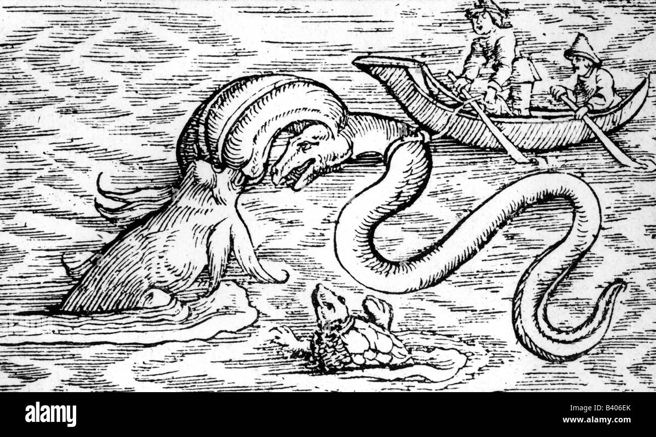 Superstition, créatures mythiques, 'poisson-chasse indien', coupe de bois, 'Historia animalium' par Conrad Gesner, 4ème volume, 'Pisium et aquatilium anirantium natura', 1558, , Banque D'Images