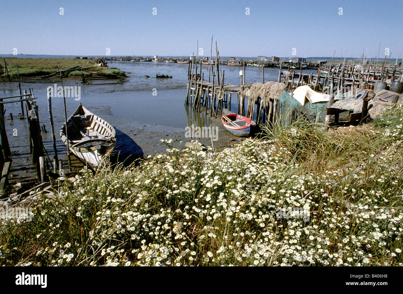 Géographie / voyage, Portugal, Baixo Alentejo, Carrasqueira, port de pêche, embouchure, Rio Sado, prairie avec des fleurs, Banque D'Images