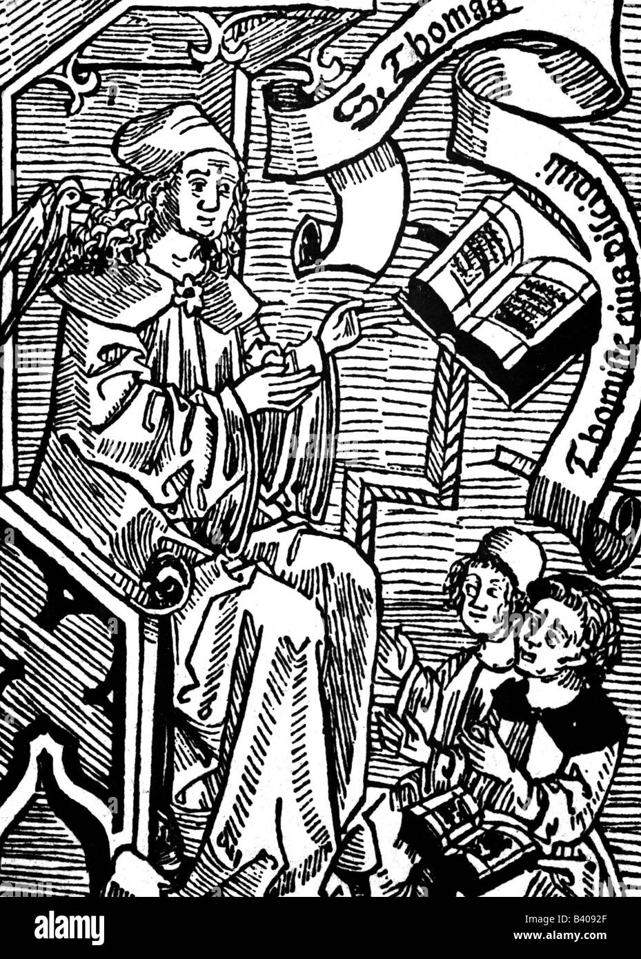 Thomas Aquin, vers 1225 - 7.3.1274, philosophe et théologit italien, en pleine longueur, comme professeur, menuiserie, titre de donat, vers 1500, Banque D'Images