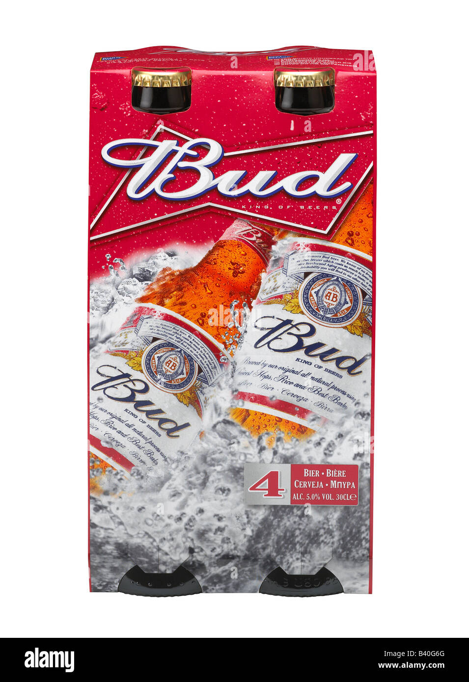 La bière Budweiser BUD VASE QUATRE PACK Banque D'Images