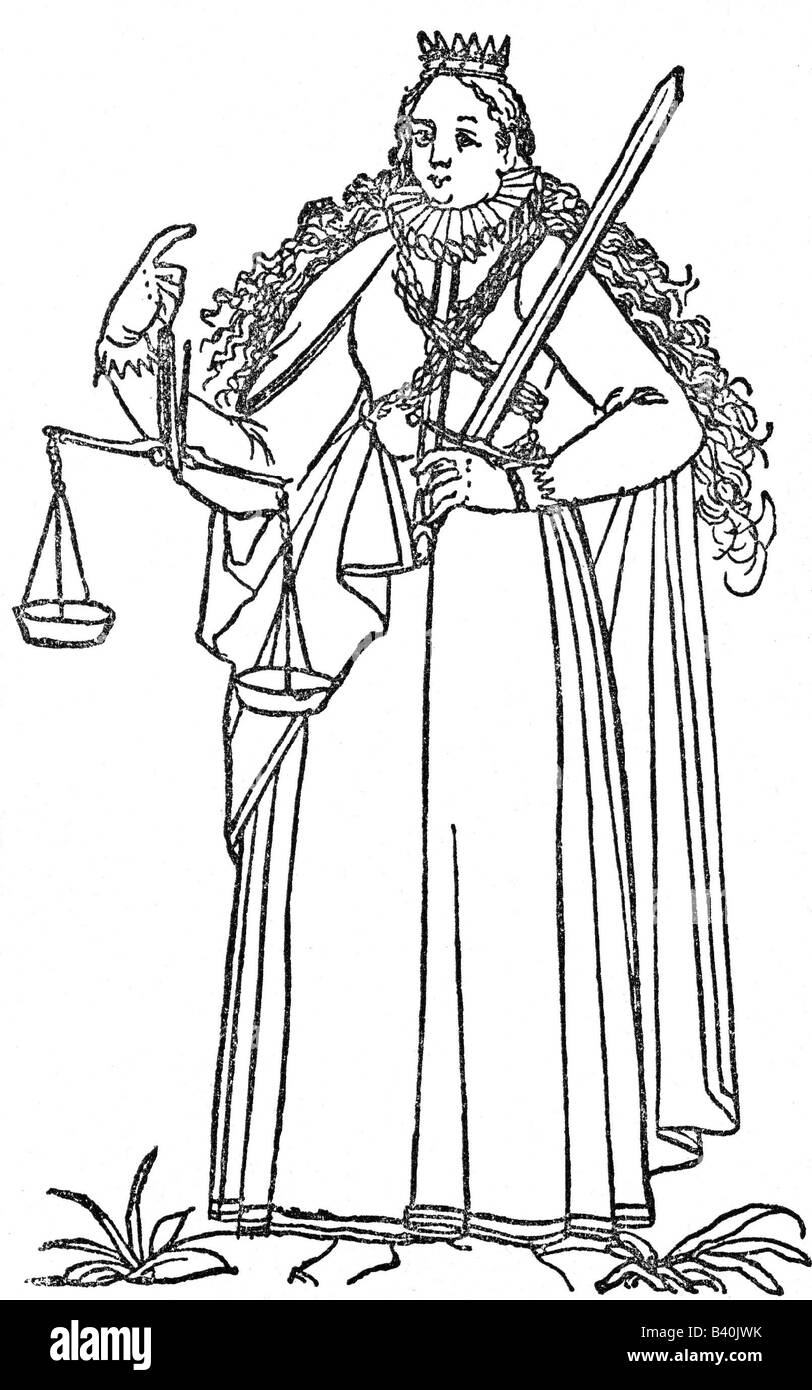 Justitia, déesse romaine de la justice, symboles, symbole, échelle, épée, gravure vers 1580, histoire, Banque D'Images