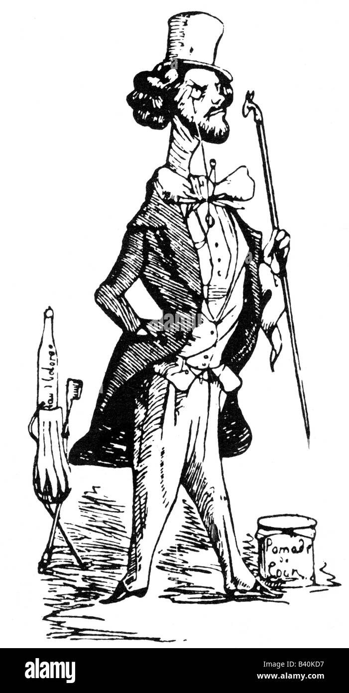 Mode, XIXe siècle, mode masculine, Grande-Bretagne, caricature, «Le Dandy», gravure en bois, vers 1845, Banque D'Images