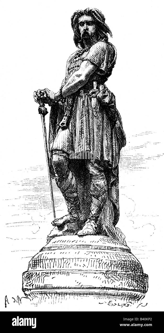 Vercingetorix, vers 82 - 46 av. J.-C., chef militaire gaulois, pleine longueur, gravure en bois après statue de Millet, France, XIXe siècle, , Banque D'Images