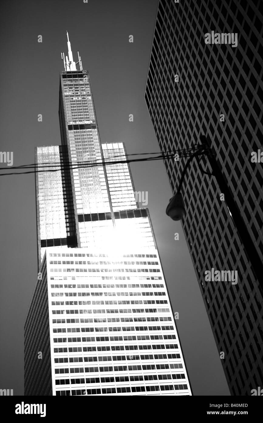 La Sears Tower ET LE SOLEIL DE MIDI SE REFLÉTANT DANS LES MURS DE VERRE DU BÂTIMENT LE CENTRE-VILLE DE CHICAGO ILLINOIS USA LE CENTRE-VILLE DE CHICAGO ILLI Banque D'Images