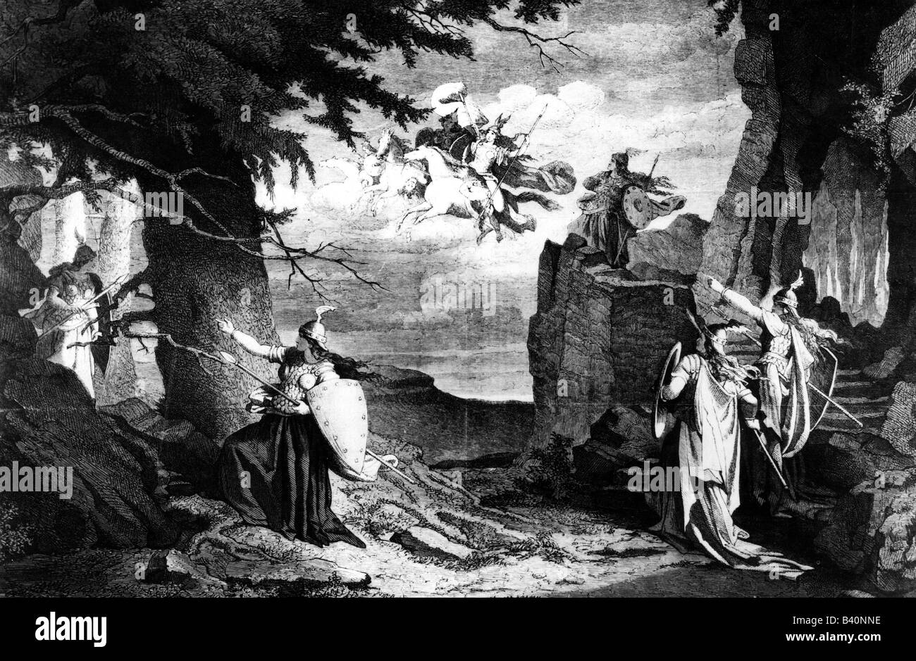 Wagner, Richard, 22.5.1813 - 13.2.1883, compositeur allemand, oeuvre, opéra 'The Ring of the Nibelung' (Der Ring des Nibelungen), scène: 'Ride of the Valkyries', deuxième partie, dessin contemporain par Th. Piris, 1876, , Banque D'Images