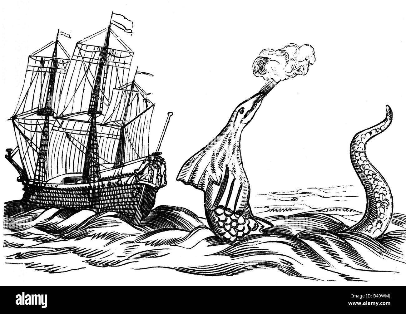 Superstition, créatures mythiques, serpent de mer, vue par Hans Egede, 6.7.1731, gravure en cuivre, 'Voyage au Groenland' par Hans Egede, 1740, , Banque D'Images