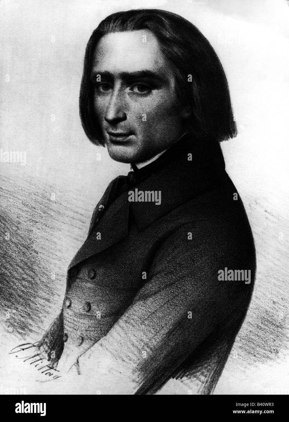 Liszt, Franz, 22.10.1811 - 31.7.1886, compositeur et pianiste hongrois, mi-longueur, dessin de S. Mittag, vers 1845, Banque D'Images