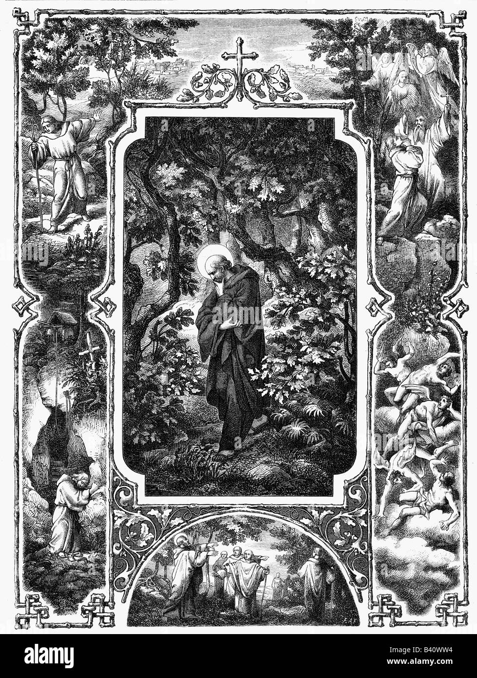 Benoît de Nursia, vers 480 - 21.3.547, ecclésiastique italien, saint, fondateur de l'ordre bénédictin (OSB), pleine longueur, Allemagne, 1877, Banque D'Images
