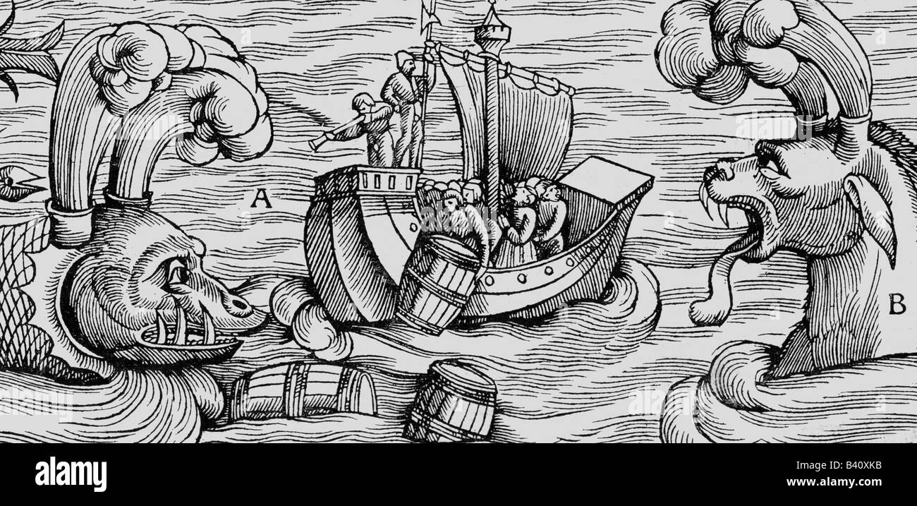 Superstition, créatures mythiques, grande pays de galles attaquant un navire, coupe de bois, 'Cosmographia' par Sebastian Muenster, 5ème édition, 1550, , Banque D'Images