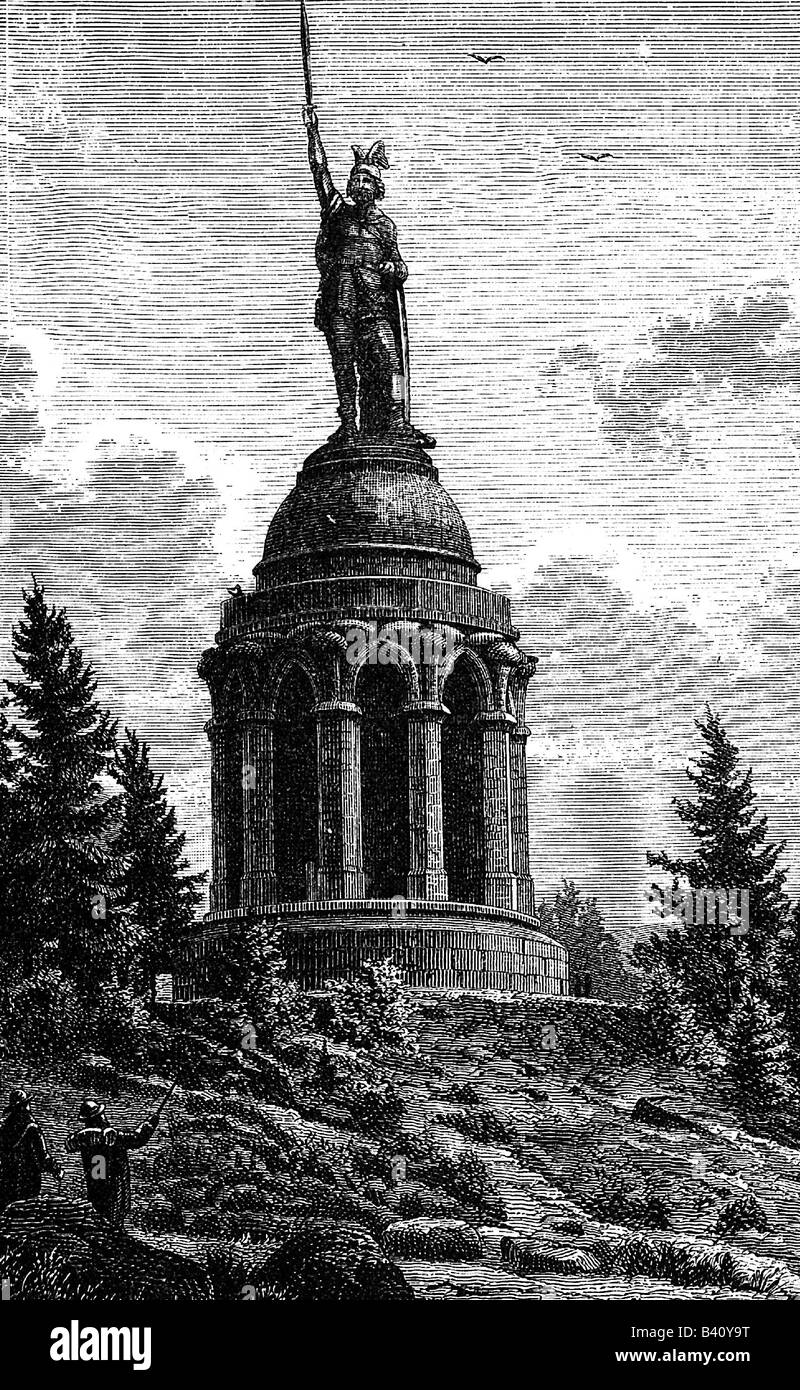 Arminius (Hermann), vers 17 av. J.-C. - vers 21 av. J.C., forêt de Teutoburg, monument, construit en 1875 par Ernst von Bandel, gravure sur bois, XIXe siècle, Banque D'Images
