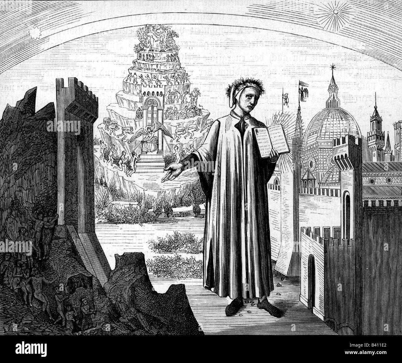Dante, Alighieri, 1265 - 14.9.1321, poète italien, pleine longueur, gravure en bois, après une peinture dans la Basilique de Santa Maria del Fiore, Florence, Banque D'Images